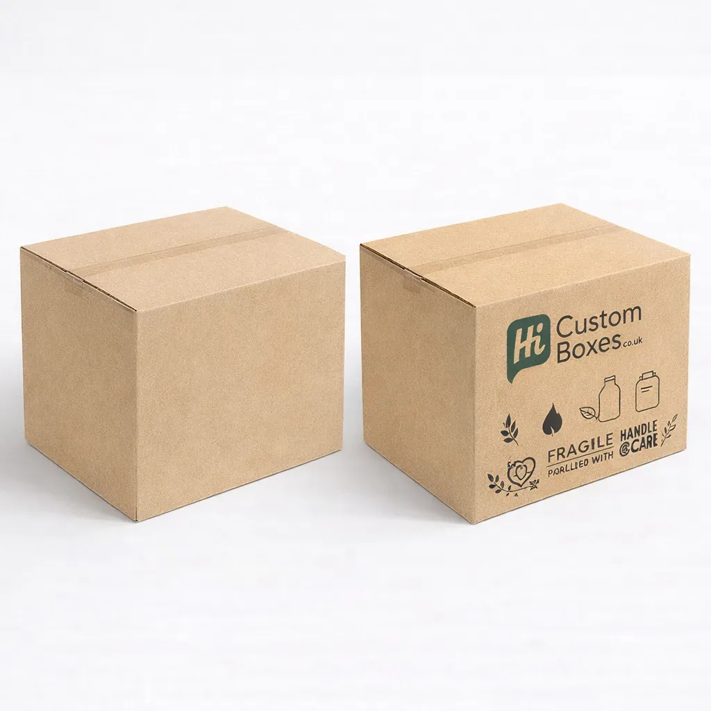 Two vertical candle carton boxes, one in plain brown kraft and one featuring floral designs. class=
